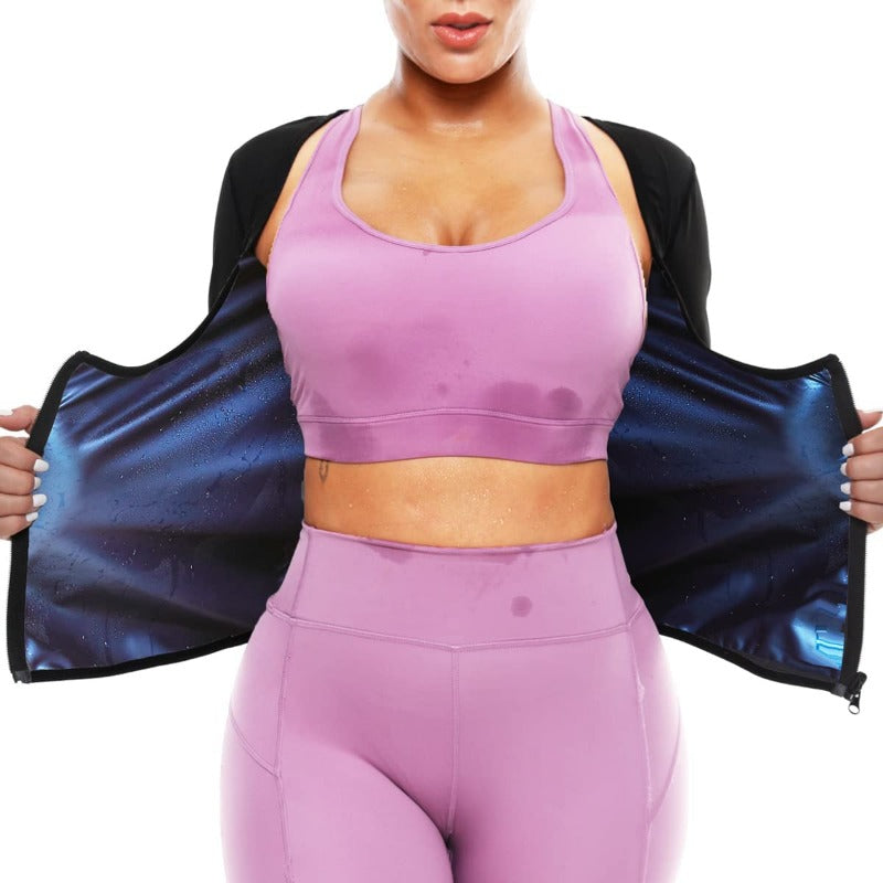 Sauna Suit for Women Weight Loss Sweat Jacket Long Sleeve Body Shaper Fitness Zipper Workout Shirts Slimming Waist Trainer