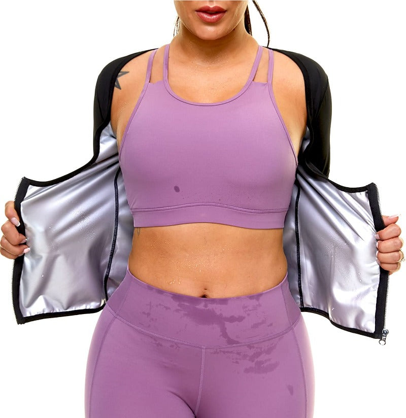 Sauna Suit for Women Weight Loss Sweat Jacket Long Sleeve Body Shaper Fitness Zipper Workout Shirts Slimming Waist Trainer